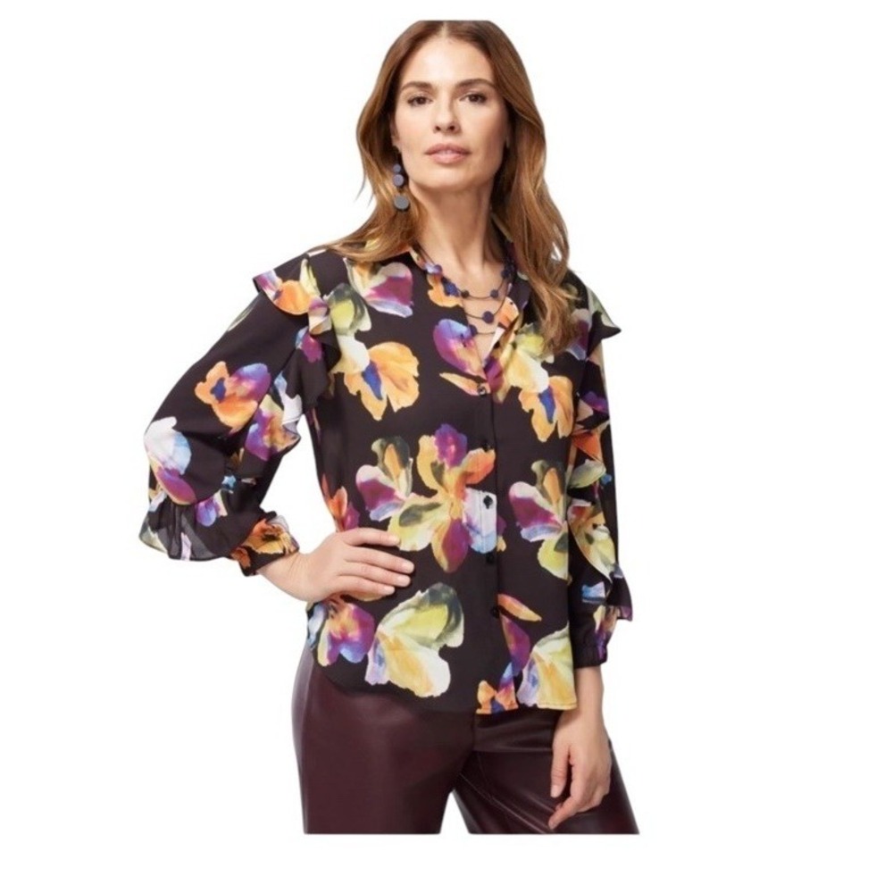 Chicos Size 2.5 US 14 Chiffon Botanical Blouse Ruffle Accent Long Sleeve Floral